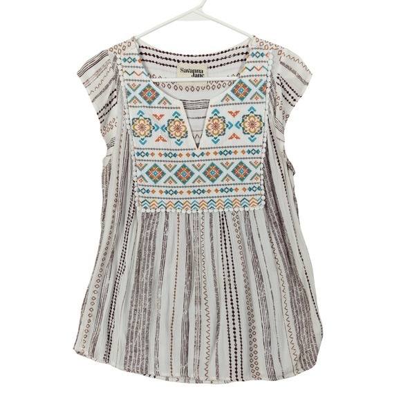 Savanna Jane Tops - Savanna Jane Embroidered Tunic Top Multi Color Stripe Cottage Fairy Women Medium